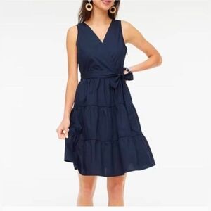NWT J. Crew Navy Sleeveless V-Neck Tiered Mini Dress with Waist Tie Size 4